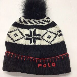 Ralph Lauren Black and White Knit Beanie with Pom